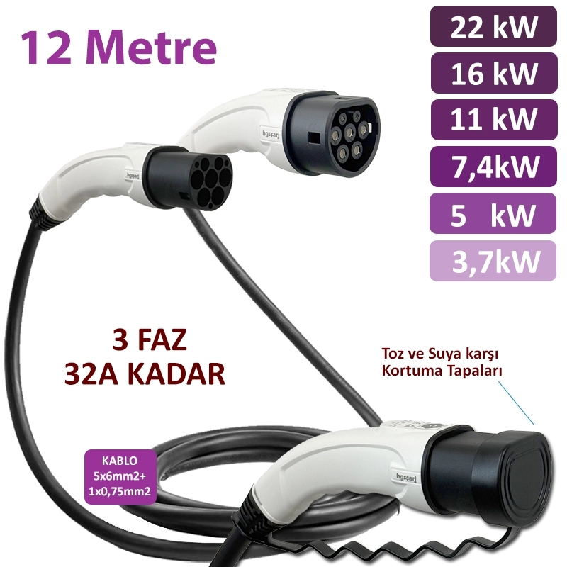 Hgsşarj 12 Metre, Elektrikli Araç Şarj Kablosu 22kW-16kW-11kW-7,4kW-5kW-3,7kW  32A Kadar -TR-AB Tüm Tip 2 Araçlara Uyumlu