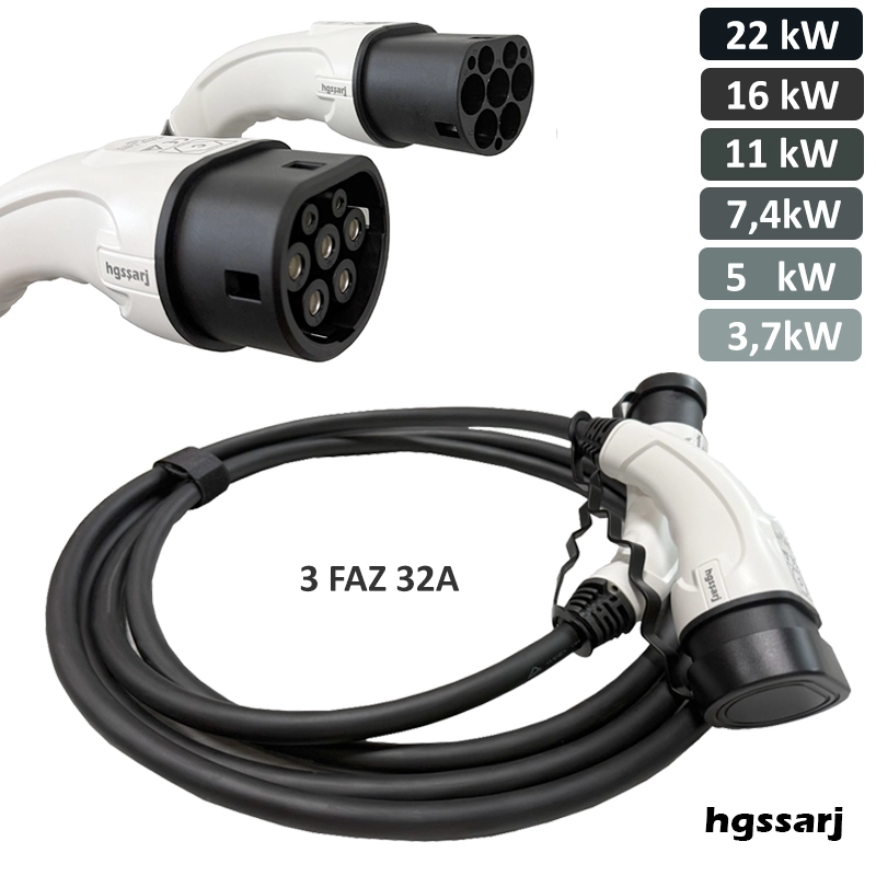 Hgsşarj 5 Metre, Elektrikli Araç Şarj Kablosu 22kW-16kW-11kW-7,4kW-5kW-3,7kW  32A Kadar -TR-AB Tüm Tip 2 Araçlara Uyumlu