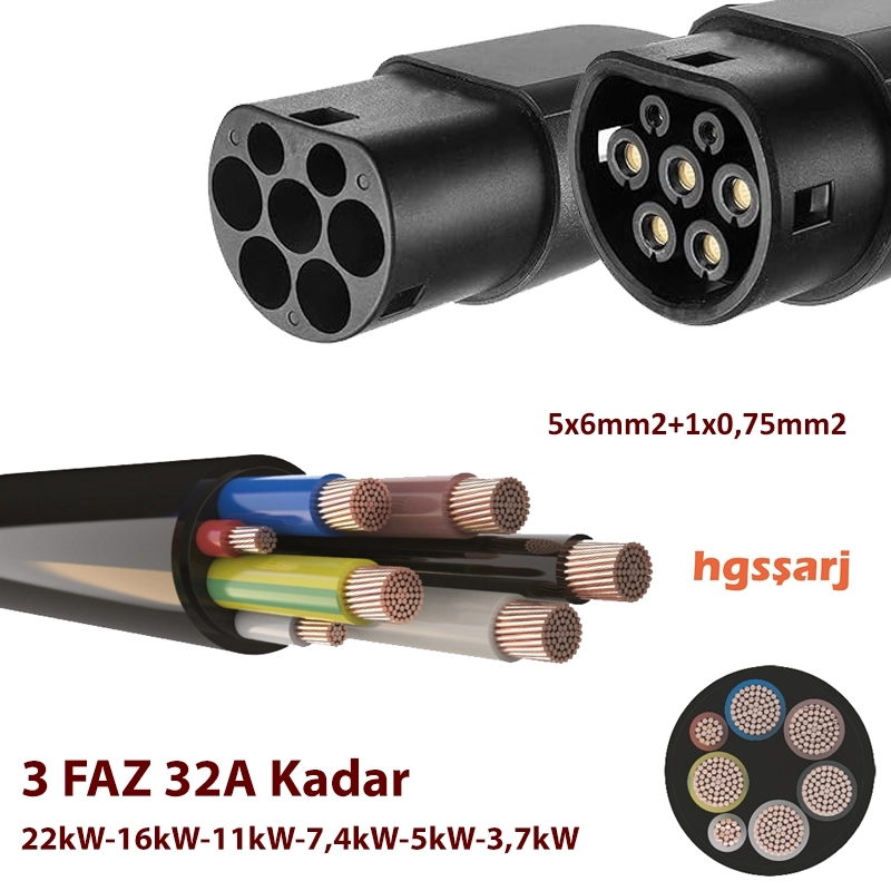 Hgsşarj 3 Metre, Elektrikli Araç Şarj Kablosu 22kW-16kW-11kW-7,4kW-5kW-3,7kW  32A Kadar -TR-AB Tüm Tip 2 Araçlara Uyumlu