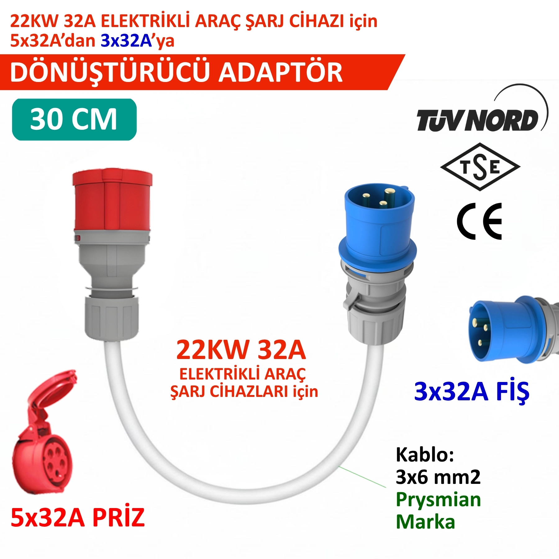 Hgsşarj, 5x32A Prİz(Kapaklı), 3x32A Fiş Dönüştürücü Adaptör. 3x6 Kablo Kalınlığı, Prysmian Marka