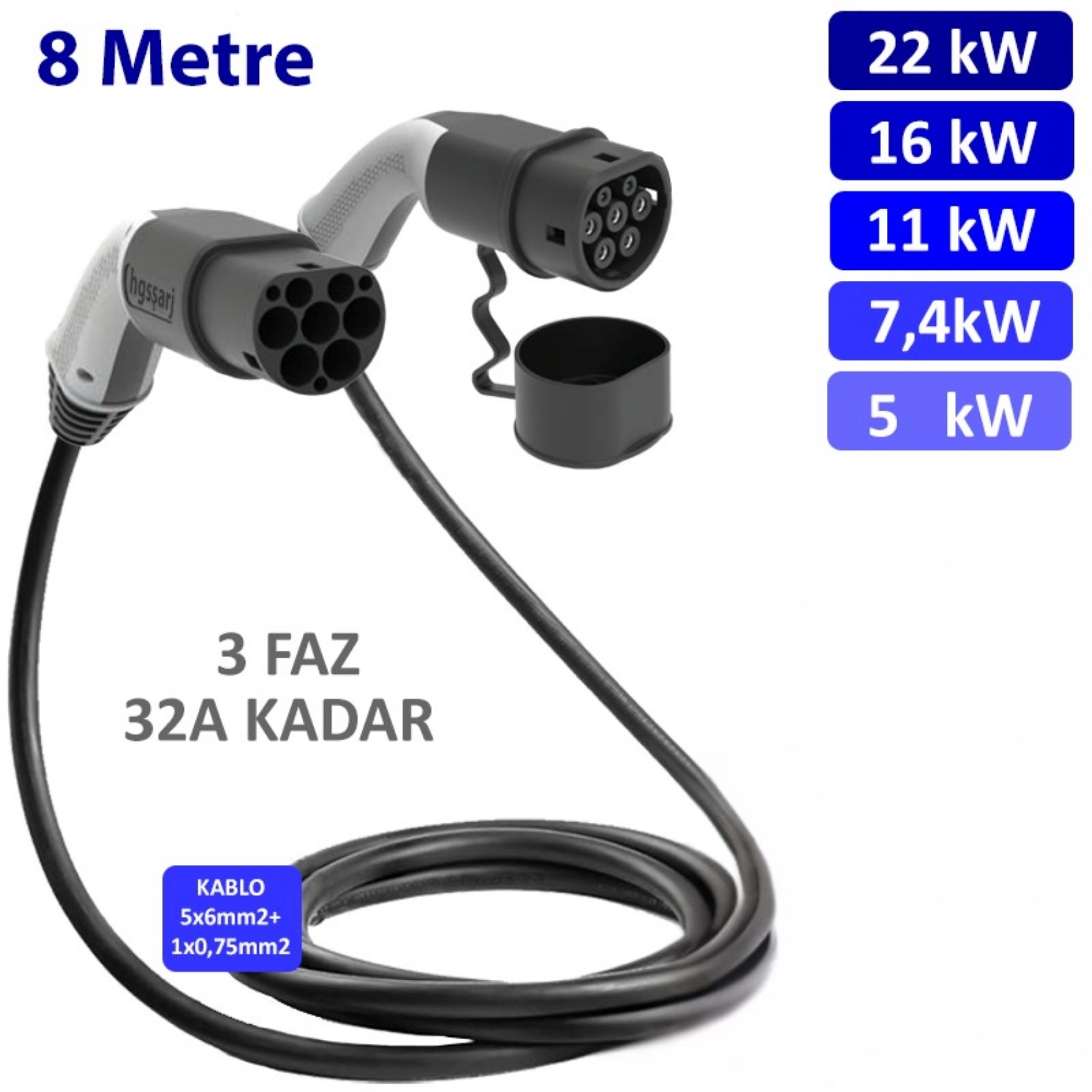 Hgsşarj 8 Metre, Elektrikli Araç Şarj Kablosu 22kW-16kW-11kW-7,4kW-5kW-3,7kW  32A Kadar -TR-AB Tüm Tip 2 Araçlara Uyumlu