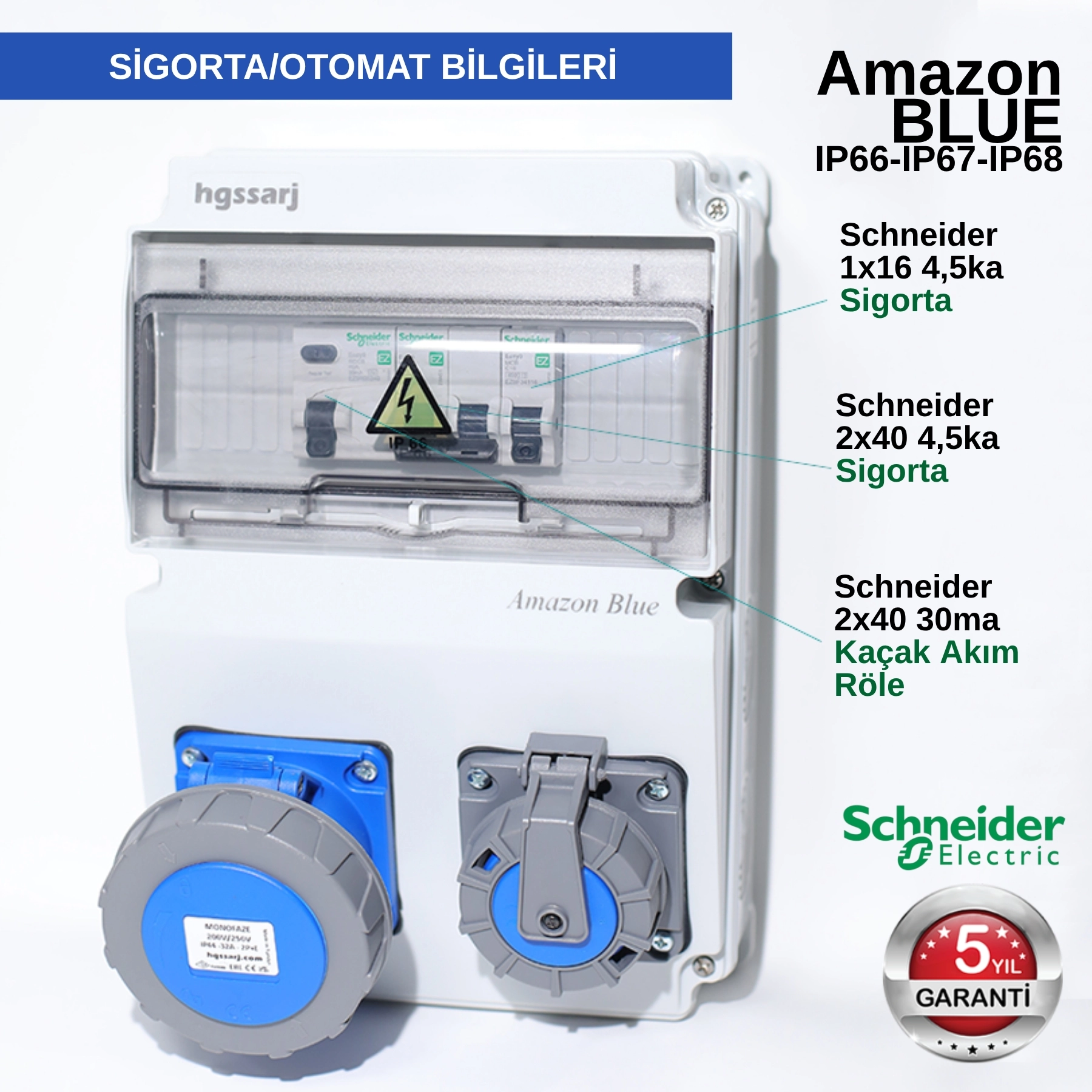 Amazon BLUE, IP66-IP67-IP68, Monofaze Elektrikli Araç Kombinasyon Kutusu, Tesla Blue Adaptöre Uyumlu, 3x32A + 1x16A - Sigorta Markası Seçeneği - 5 Yıl Garanti