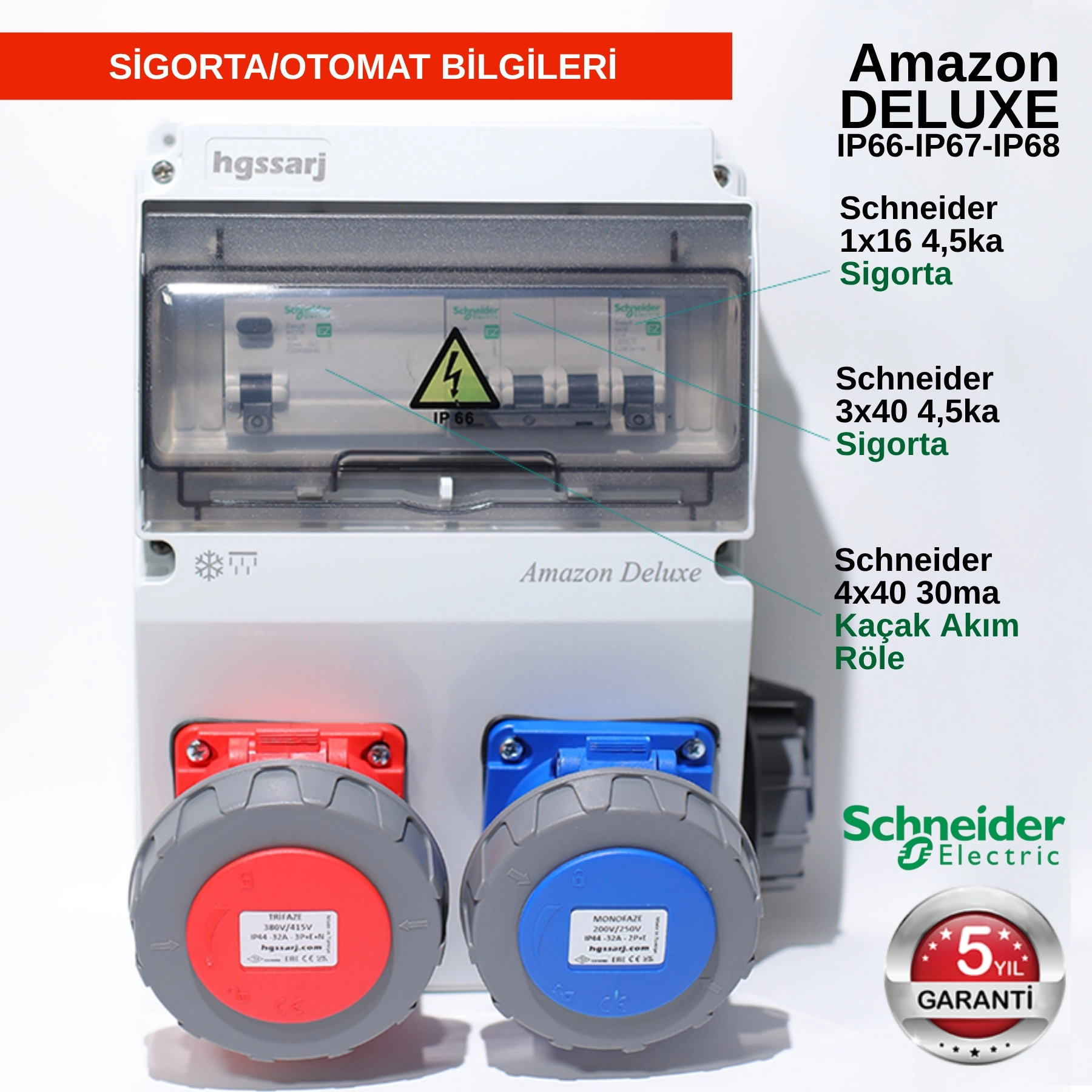 Amazon DELUXE IP66-IP67-IP68, Trifaze Elektrikli Araç Kombinasyon Kutusu, Tesla Blue Adaptöre Uyumlu, 5x32A + 3x32A + 1x16A - Sigorta Markası Seçeneği - 5 Yıl Garanti
