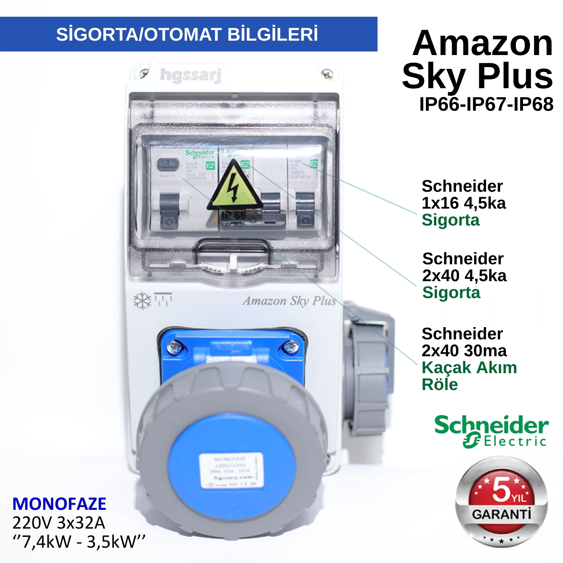 Amazon SKY PLUS, IP66-IP67-IP68, Monofaze Elektrikli Araç Kombinasyon Kutusu, Tesla Blue Adaptöre Uyumlu, + Kaçak Akım Röle, 3x32A + 1x16A - Sigorta Markası Seçeneği - 5 Yıl Garanti