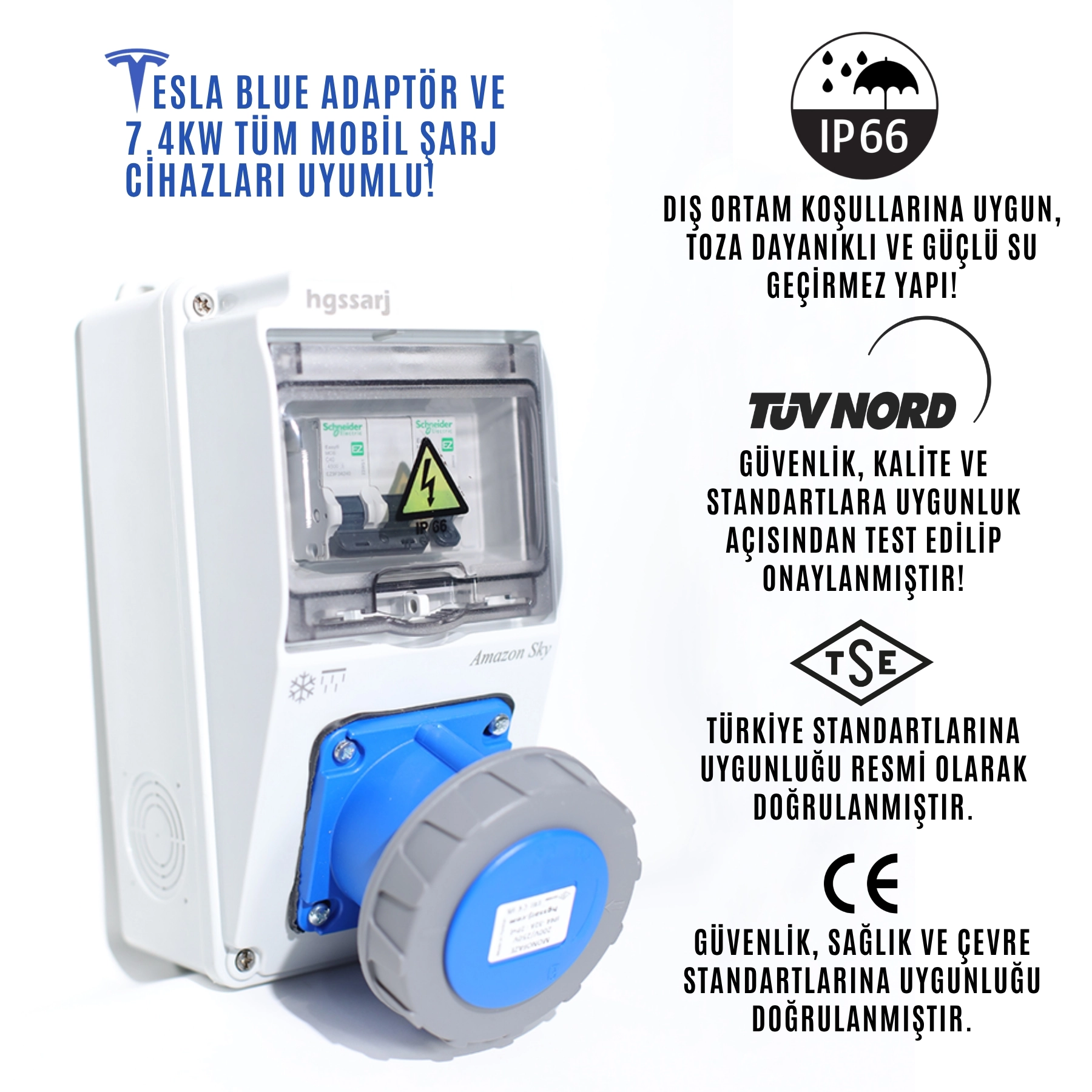 Amazon SKY, IP66-IP67-IP68, Monofaze Elektrikli Araç Kombinasyon Kutusu, Tesla Blue Adaptöre Uyumlu, 3x32A + 1x16A - Sigorta Markası Seçeneği - 5 Yıl Garanti
