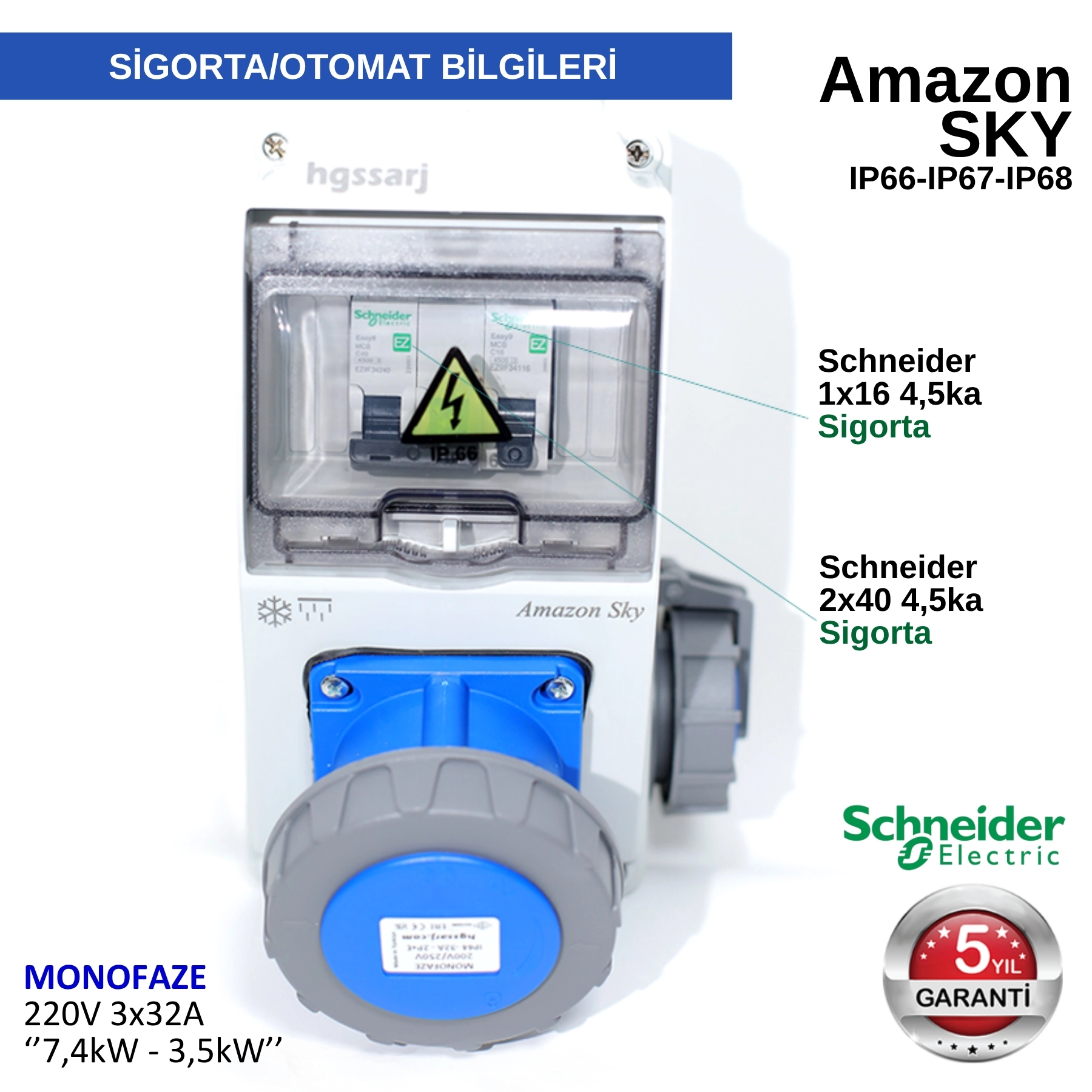 Amazon SKY, IP66-IP67-IP68, Monofaze Elektrikli Araç Kombinasyon Kutusu, Tesla Blue Adaptöre Uyumlu, 3x32A + 1x16A - Sigorta Markası Seçeneği - 5 Yıl Garanti