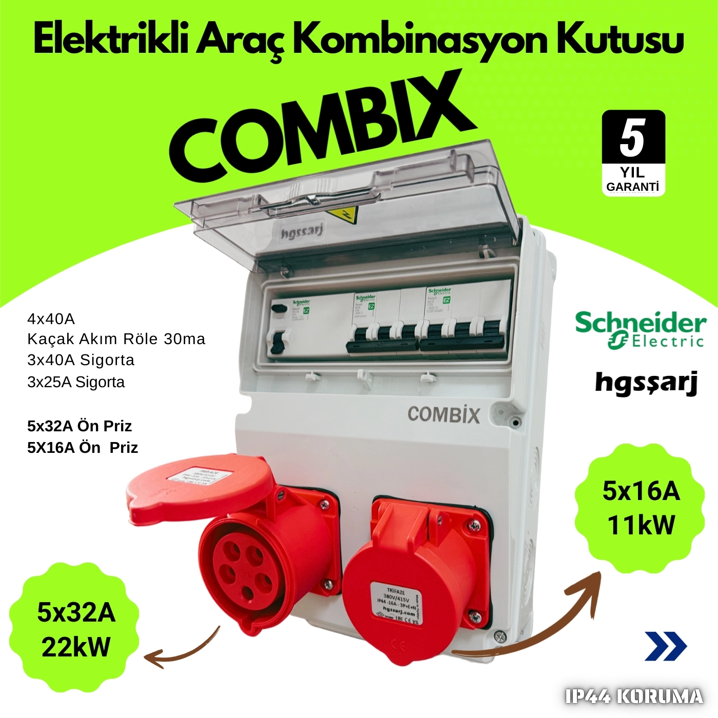 Hgsşarj ’’combix’’ Elektrikli Araç Şarj Kutusu Şarj Cihazı Kombinasyon Kutusu 22KW 11KW Trifaze Kaçak Akım Röle 5X32A + 5X16A ’’schneider’’