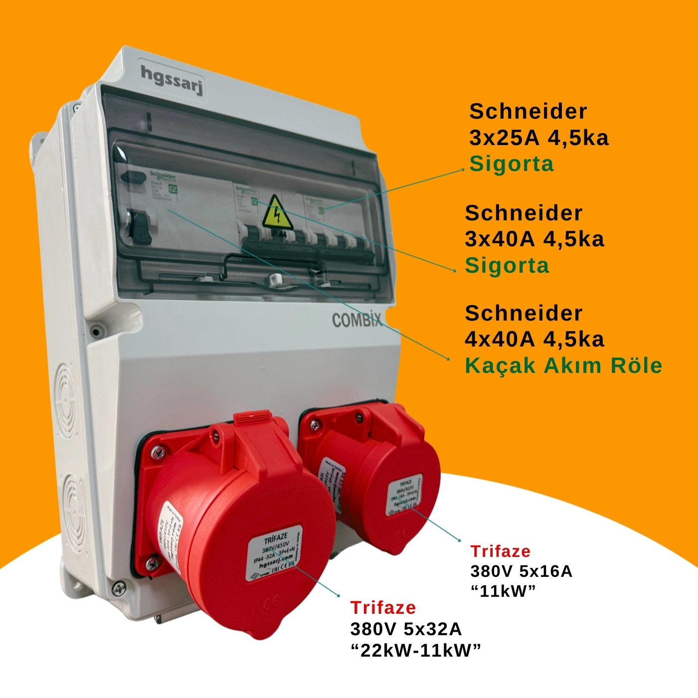 Hgsşarj ’’combix’’ Elektrikli Araç Şarj Kutusu Şarj Cihazı Kombinasyon Kutusu 22KW 11KW Trifaze Kaçak Akım Röle 5X32A + 5X16A ’’schneider’’