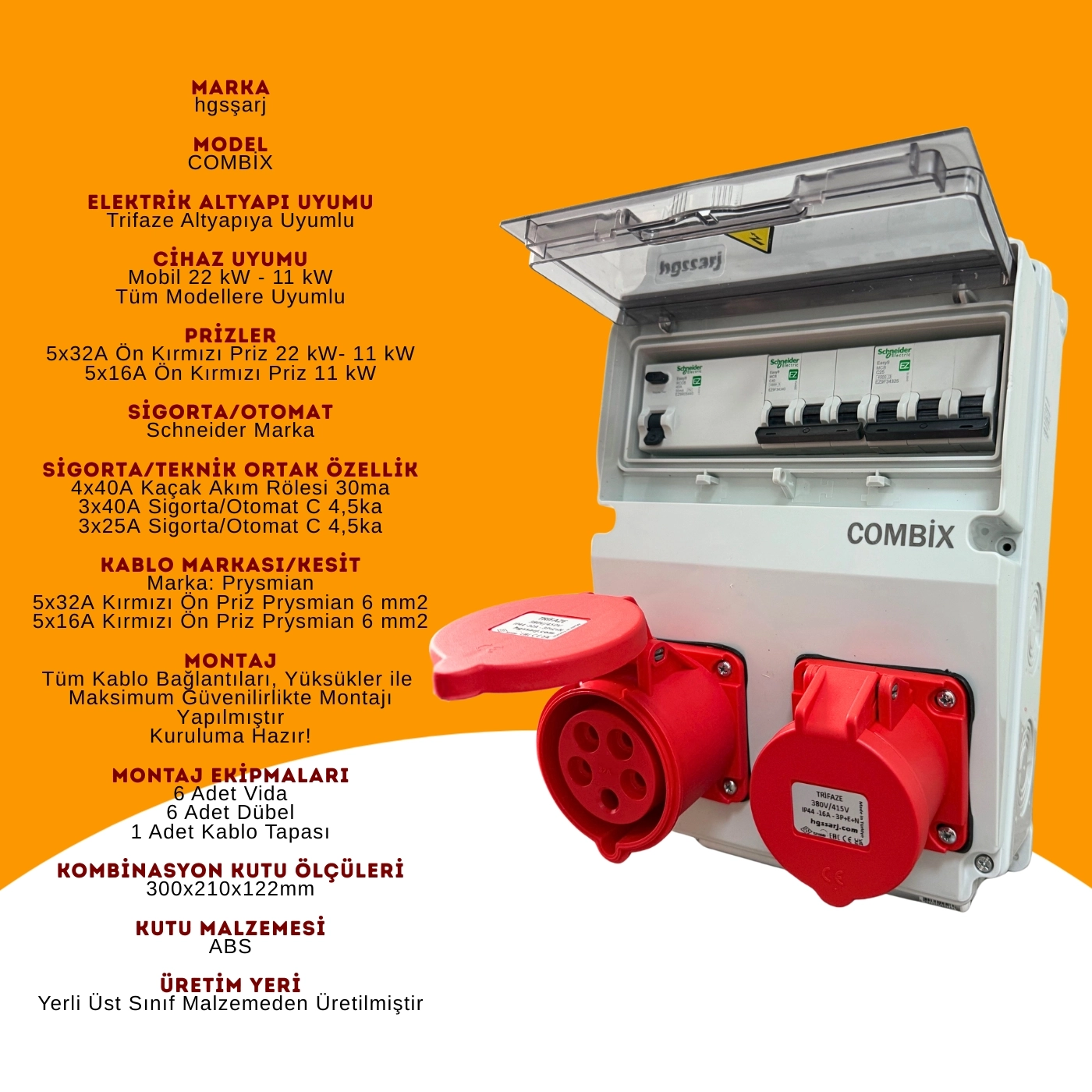 Hgsşarj ’’combix’’ Elektrikli Araç Şarj Kutusu Şarj Cihazı Kombinasyon Kutusu 22KW 11KW Trifaze Kaçak Akım Röle 5X32A + 5X16A ’’schneider’’