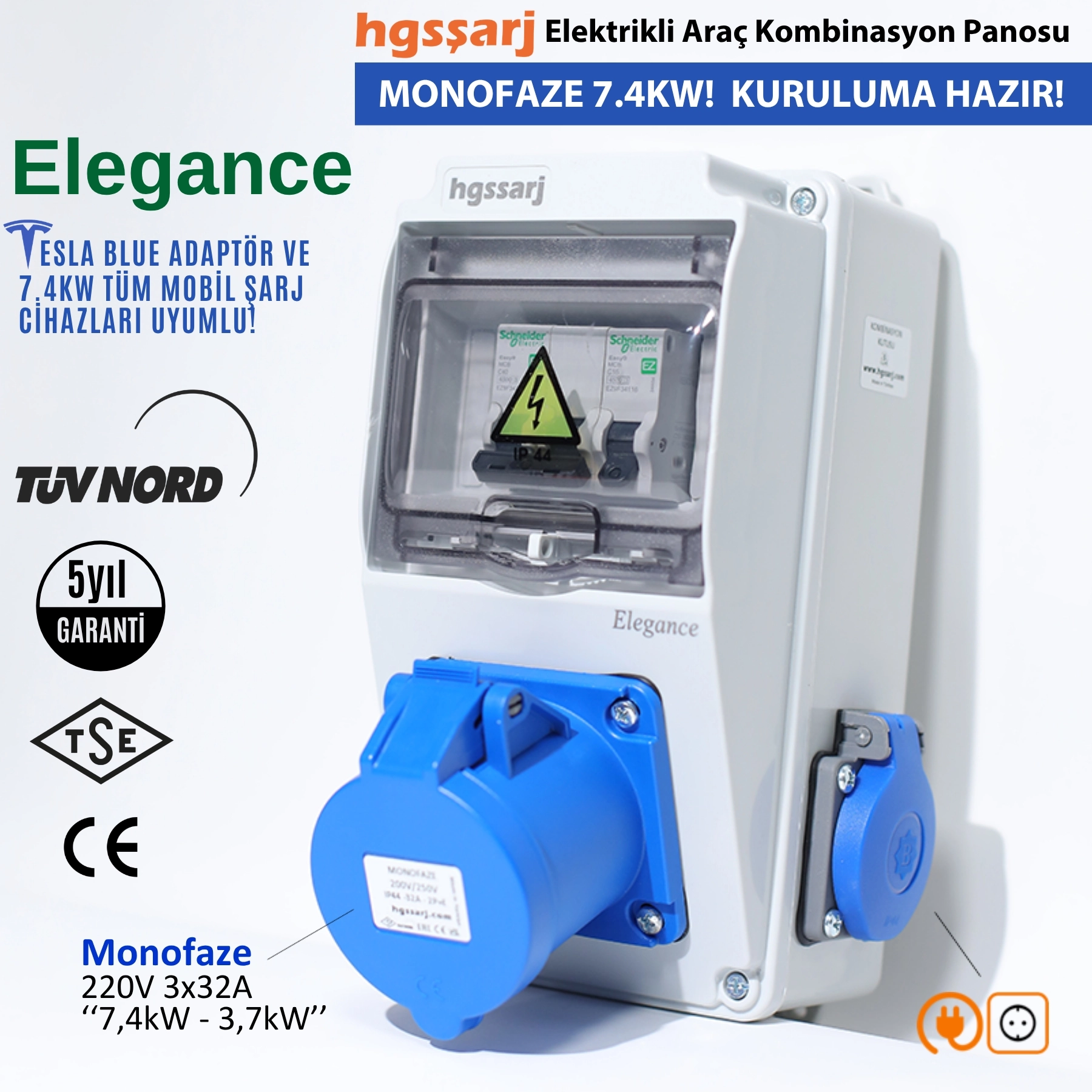 Elegance, Monofaze Elektrikli Araç Kombinasyon Kutusu, Tesla Blue Adaptöre Uyumlu,  3x32A + 1x16A - Sigorta Markası Seçeneği  - 5 Yıl Garanti