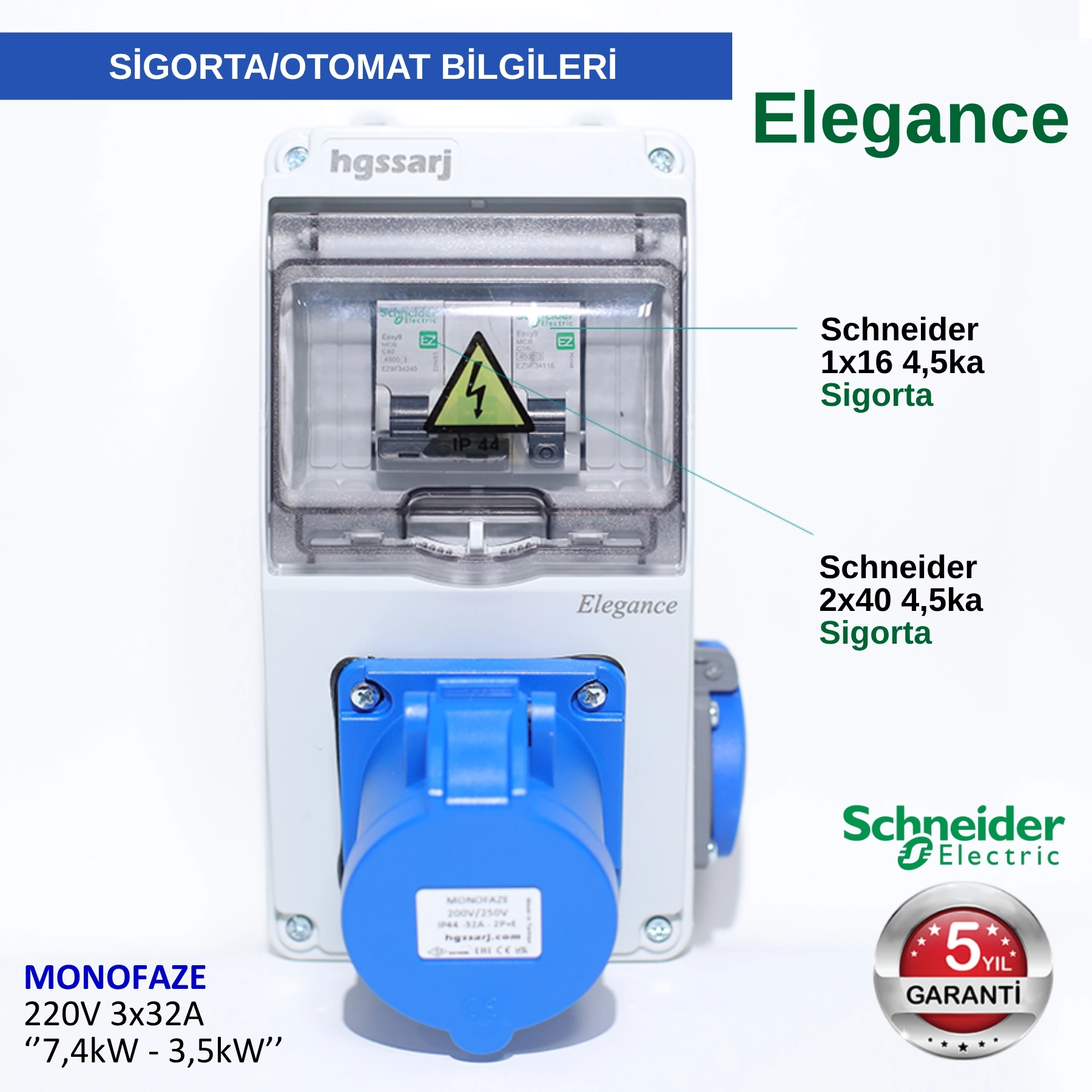 Elegance, Monofaze Elektrikli Araç Kombinasyon Kutusu, Tesla Blue Adaptöre Uyumlu,  3x32A + 1x16A - Sigorta Markası Seçeneği  - 5 Yıl Garanti