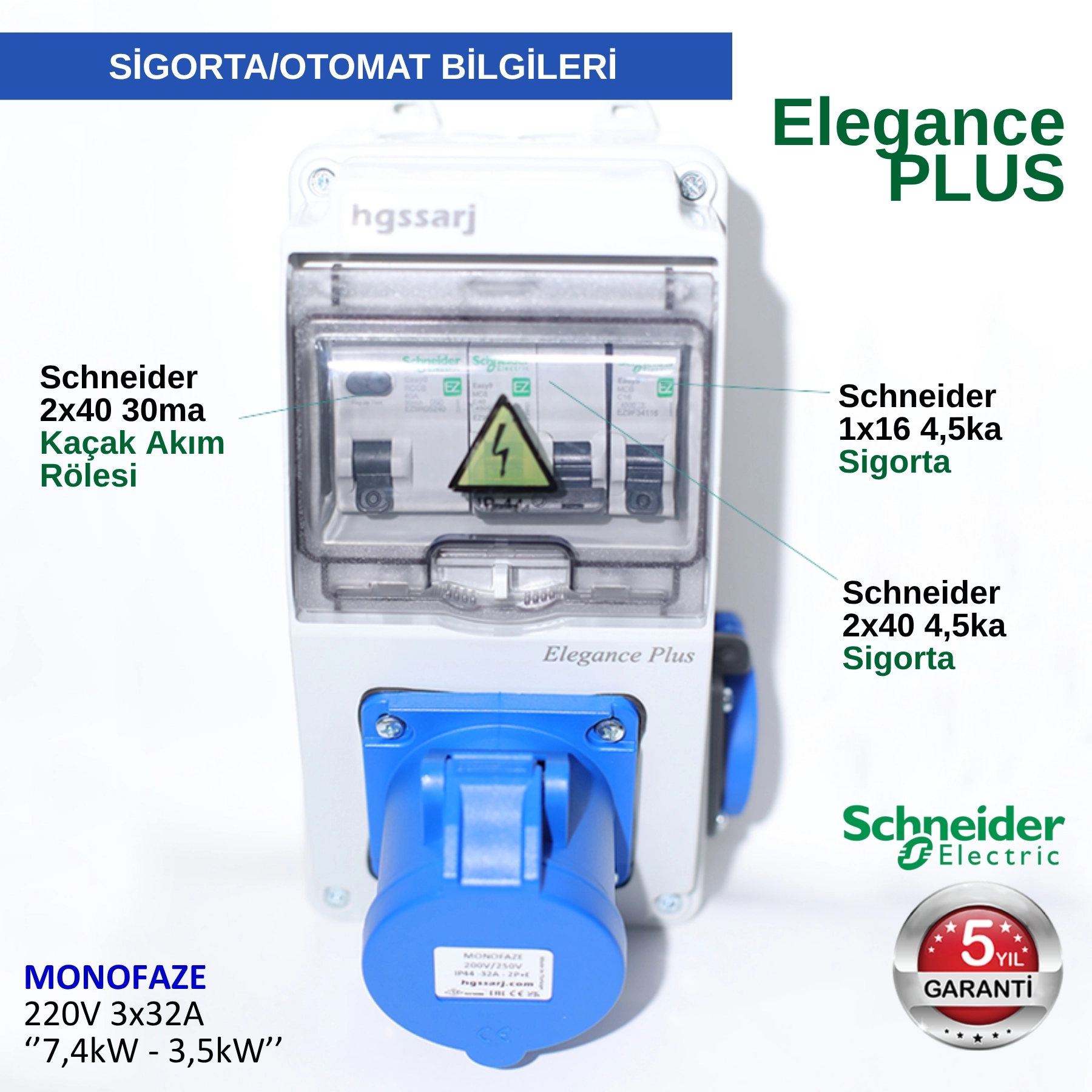 Elegance PLUS, Monofaze Elektrikli Araç Kombinasyon Kutusu, Tesla Blue Adaptöre Uyumlu +Kaçak Akım Röle 3x32A + 1x16A -Sigorta Markası Seçeneği - 5 Yıl Garanti