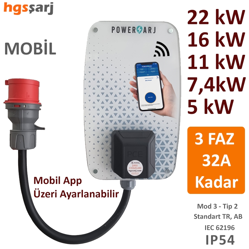 Powerşarj 22kW, 16kW, 11kW, 7,4kW, 5kW, 3,4kW Elektrikli Araç Mobil Şarj Cihazı. Mobil App üzeri ayarlanabilir güç seçenekleri ile size özel güvenli ve akıllı şarj çözümleri sunar. Konutlar ve iş yerleri için uygundur.