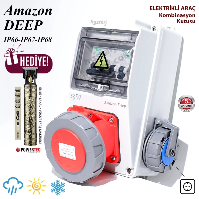 Amazon SKY, IP66-IP67-IP68, Monofaze Elektrikli Araç Kombinasyon Kutusu, Tesla Blue Adaptöre Uyumlu, 3x32A + 1x16A - Sigorta Markası Seçeneği - 5 Yıl Garanti