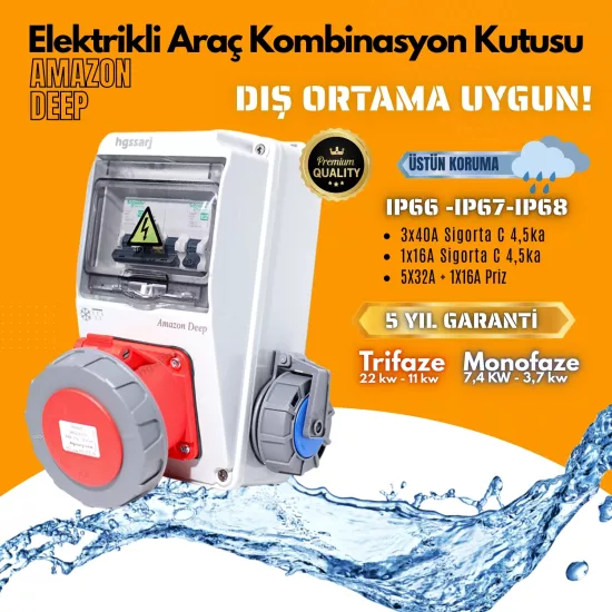 Amazon DEEP, IP66-IP67-IP68, Trifaze Elektrikli Araç Kombinasyon Kutusu, 5x32A + 1x16A - Schneider Marka Sigorta Grubu - 5 Yıl Garanti