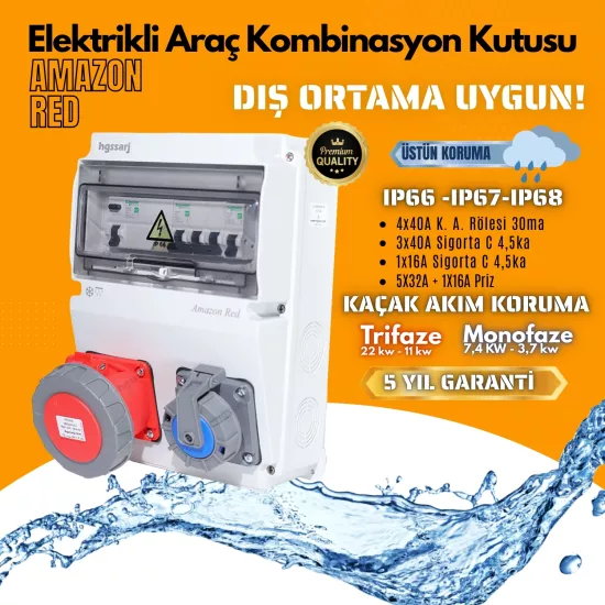 Amazon RED, IP66-IP67-IP68 Trifaze Elektrikli Araç Kombinasyon Kutusu, 5x32A + 1x16A - Schneider Marka Sigorta Grubu - 5 Yıl Garanti