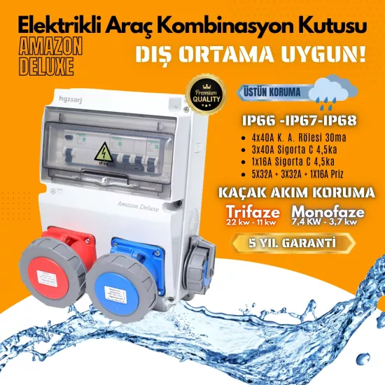 Amazon DELUXE IP66-IP67-IP68 Elektrikli Araç Kombinasyon Kutusu, 5x32A + 3x32A + 1x16A - Schneider Marka Sigorta Grubu - 5 Yıl Garanti