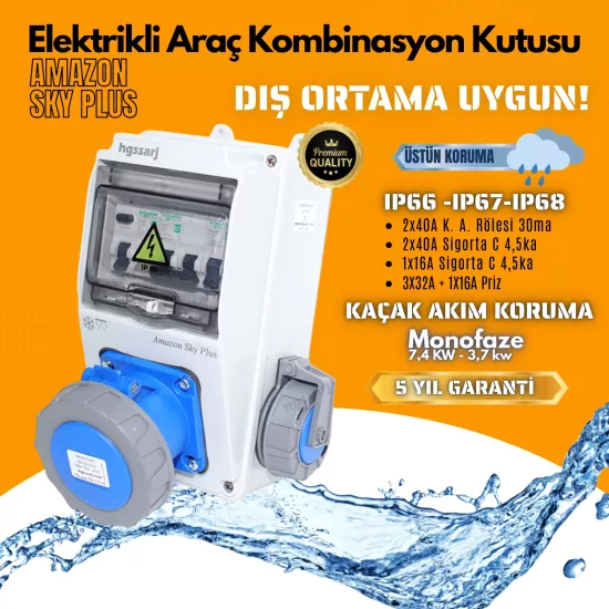 Amazon SKY PLUS, IP66-IP67-IP68, Monofaze Elektrikli Araç Kombinasyon Kutusu, Tesla Blue Adaptöre Uyumlu, + Kaçak Akım Röle, 3x32A + 1x16A - Schneider Marka Sigorta Grubu - 5 Yıl Garanti