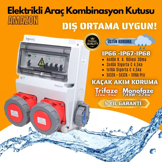 Elektrikli Araç Kombinasyon Kutusu IP66’’AMAZON’’ 5x32A + 5x32A + 1x16A - Schneider Marka Sigorta Grubu - 5 Yıl Garanti