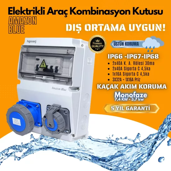 Amazon BLUE, IP66-IP67-IP68, Monofaze Elektrikli Araç Kombinasyon Kutusu, Tesla Blue Adaptöre Uyumlu, 3x32A + 1x16A - Schneider Marka Sigorta Grubu - 5 Yıl Garanti