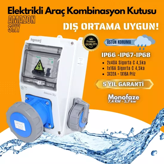 Amazon SKY, IP66-IP67-IP68, Monofaze Elektrikli Araç Kombinasyon Kutusu, Tesla Blue Adaptöre Uyumlu,3x32A + 1x16A - Schneider Marka Sigorta Grubu - 5 Yıl Garanti