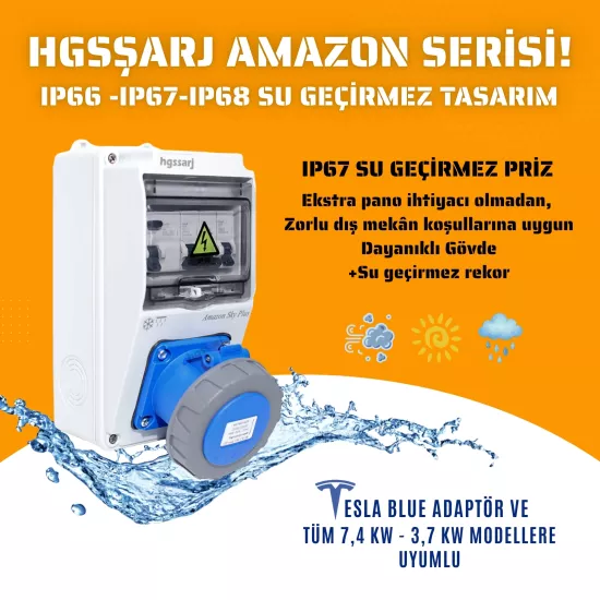 Amazon SKY PLUS, IP66-IP67-IP68, Monofaze Elektrikli Araç Kombinasyon Kutusu, Tesla Blue Adaptöre Uyumlu, + Kaçak Akım Röle, 3x32A + 1x16A - Schneider Marka Sigorta Grubu - 5 Yıl Garanti