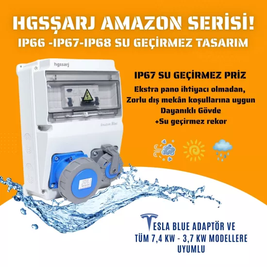 Amazon BLUE, IP66-IP67-IP68, Monofaze Elektrikli Araç Kombinasyon Kutusu, Tesla Blue Adaptöre Uyumlu, 3x32A + 1x16A - Schneider Marka Sigorta Grubu - 5 Yıl Garanti