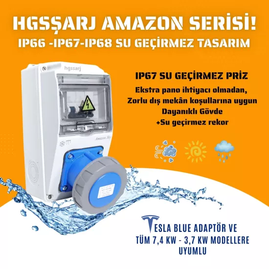 Amazon SKY, IP66-IP67-IP68, Monofaze Elektrikli Araç Kombinasyon Kutusu, Tesla Blue Adaptöre Uyumlu,3x32A + 1x16A - Schneider Marka Sigorta Grubu - 5 Yıl Garanti