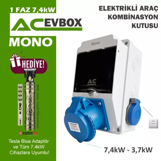 AcEvBox, Mono Kombinasyon Kutusu- Monofaze Altyapıya Uygun, Tesla Blue Adap. ve 7,4 Mobil Cihazlara Uyumlu