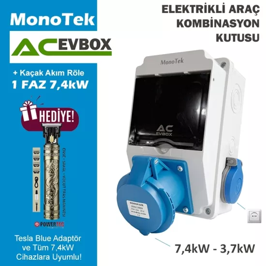AcEvBox, MonoTek Kombinasyon Kutusu- Monofaze Altyapıya Uygun, +Kaçak Akım Röle, Tesla Blue Adap. ve 7,4 Mobil Cihazlara Uyumlu. 