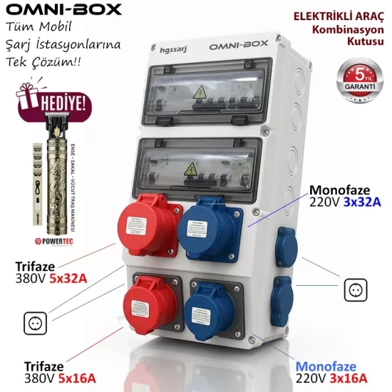 OMNI-BOX Elektrikli Araç Kombinasyon Kutusu 5x32A + 3x32A + 5x16 + 3x16 1x16A - Tüm Mobil Şarj İstasyonlarına Tek Çözüm