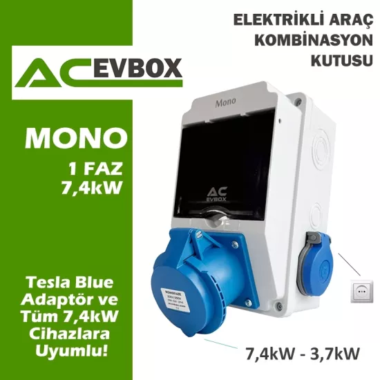 AcEvBox, Mono Kombinasyon Kutusu- Monofaze Altyapıya Uygun, Tesla Blue Adap. ve 7,4 Mobil Cihazlara Uyumlu