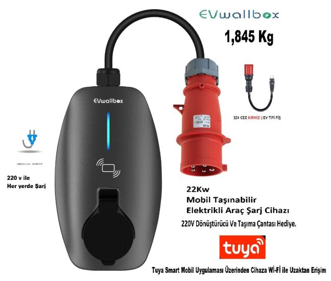 EVwallbox 22KW Mobil Taşınabilir Elektrikli Araç Şarj Cihazı