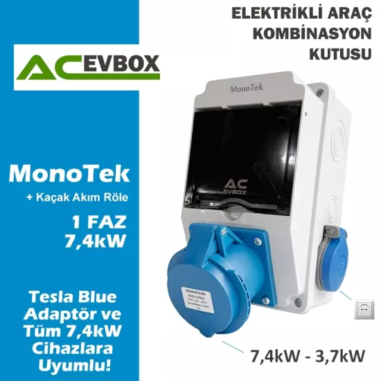 AcEvBox, MonoTek Kombinasyon Kutusu- Monofaze Altyapıya Uygun, +Kaçak Akım Röle, Tesla Blue Adap. ve 7,4 Mobil Cihazlara Uyumlu. 