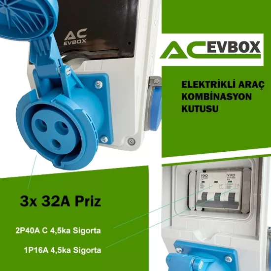 AcEvBox, Mono Kombinasyon Kutusu- Monofaze Altyapıya Uygun, Tesla Blue Adap. ve 7,4 Mobil Cihazlara Uyumlu