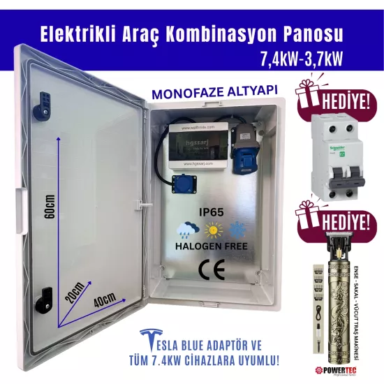 Hgsşarj ’’BluePan’’ 7,4kw Elektrikli Araç Kombinasyon Panosu, Tesla Blue Adaptör Uyumlu, Schneider Sigorta Grubu
