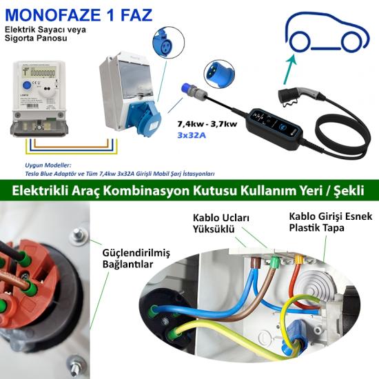 AcEvBox, Mono Kombinasyon Kutusu- Monofaze Altyapıya Uygun, Tesla Blue Adap. ve 7,4 Mobil Cihazlara Uyumlu