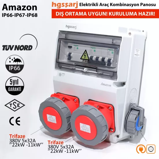 Elektrikli Araç Kombinasyon Kutusu IP66’’AMAZON’’ 5x32A + 5x32A + 1x16A - Schneider Marka Sigorta Grubu - 5 Yıl Garanti