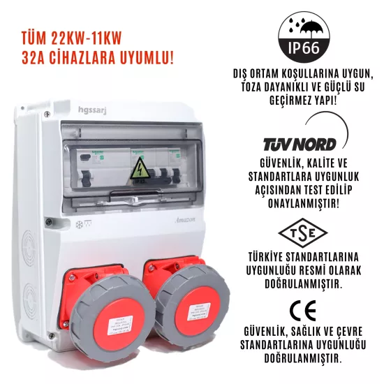 Elektrikli Araç Kombinasyon Kutusu IP66’’AMAZON’’ 5x32A + 5x32A + 1x16A - Schneider Marka Sigorta Grubu - 5 Yıl Garanti