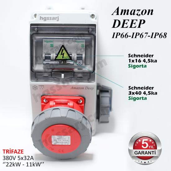 Amazon DEEP, IP66-IP67-IP68, Trifaze Elektrikli Araç Kombinasyon Kutusu, 5x32A + 1x16A - Schneider Marka Sigorta Grubu - 5 Yıl Garanti
