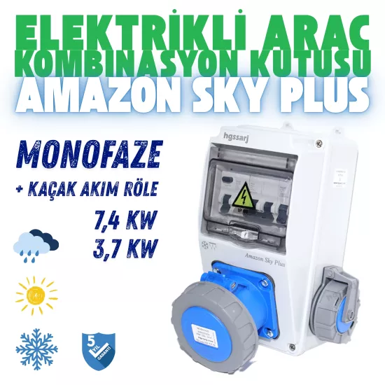 Amazon SKY PLUS, IP66-IP67-IP68, Monofaze Elektrikli Araç Kombinasyon Kutusu, Tesla Blue Adaptöre Uyumlu, + Kaçak Akım Röle, 3x32A + 1x16A - Schneider Marka Sigorta Grubu - 5 Yıl Garanti