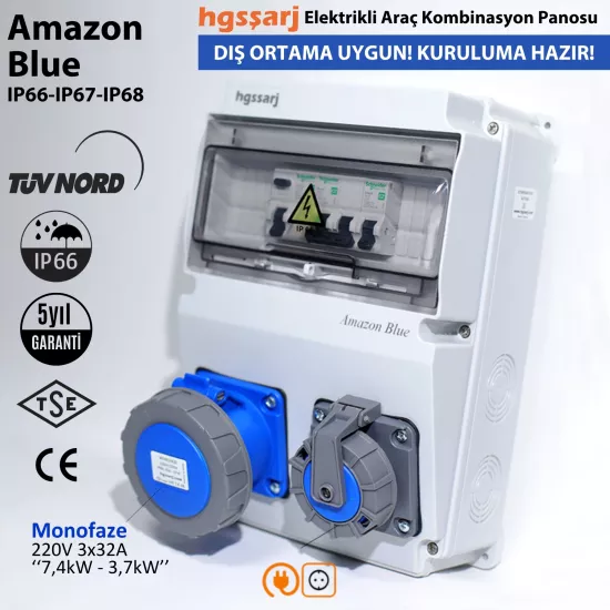 Amazon BLUE, IP66-IP67-IP68, Monofaze Elektrikli Araç Kombinasyon Kutusu, Tesla Blue Adaptöre Uyumlu, 3x32A + 1x16A - Schneider Marka Sigorta Grubu - 5 Yıl Garanti