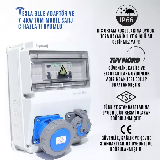 Amazon BLUE, IP66-IP67-IP68, Monofaze Elektrikli Araç Kombinasyon Kutusu, Tesla Blue Adaptöre Uyumlu, 3x32A + 1x16A - Schneider Marka Sigorta Grubu - 5 Yıl Garanti