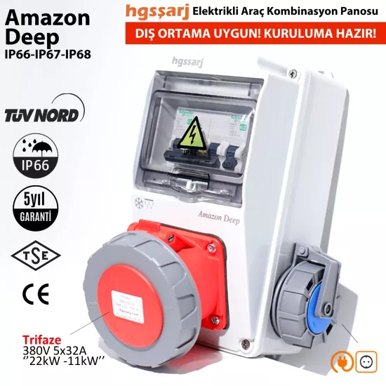 Amazon DEEP, IP66-IP67-IP68, Trifaze Elektrikli Araç Kombinasyon Kutusu, 5x32A + 1x16A - Schneider Marka Sigorta Grubu - 5 Yıl Garanti