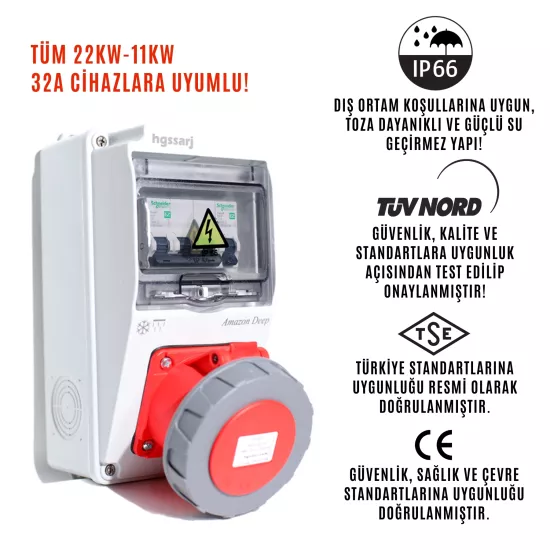 Amazon DEEP, IP66-IP67-IP68, Trifaze Elektrikli Araç Kombinasyon Kutusu, 5x32A + 1x16A - Schneider Marka Sigorta Grubu - 5 Yıl Garanti