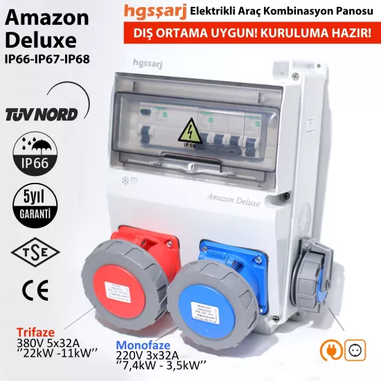 Amazon DELUXE IP66-IP67-IP68 Elektrikli Araç Kombinasyon Kutusu, 5x32A + 3x32A + 1x16A - Schneider Marka Sigorta Grubu - 5 Yıl Garanti