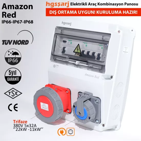 Amazon RED, IP66-IP67-IP68 Trifaze Elektrikli Araç Kombinasyon Kutusu, 5x32A + 1x16A - Schneider Marka Sigorta Grubu - 5 Yıl Garanti