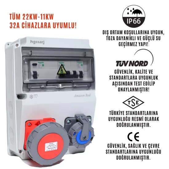 Amazon RED, IP66-IP67-IP68 Trifaze Elektrikli Araç Kombinasyon Kutusu, 5x32A + 1x16A - Schneider Marka Sigorta Grubu - 5 Yıl Garanti