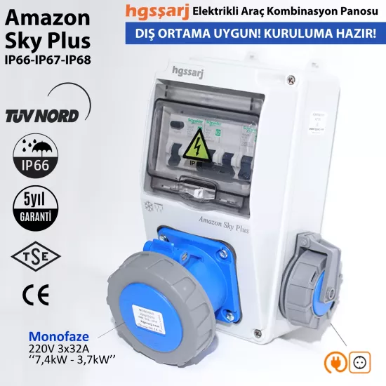 Amazon SKY PLUS, IP66-IP67-IP68, Monofaze Elektrikli Araç Kombinasyon Kutusu, Tesla Blue Adaptöre Uyumlu, + Kaçak Akım Röle, 3x32A + 1x16A - Schneider Marka Sigorta Grubu - 5 Yıl Garanti