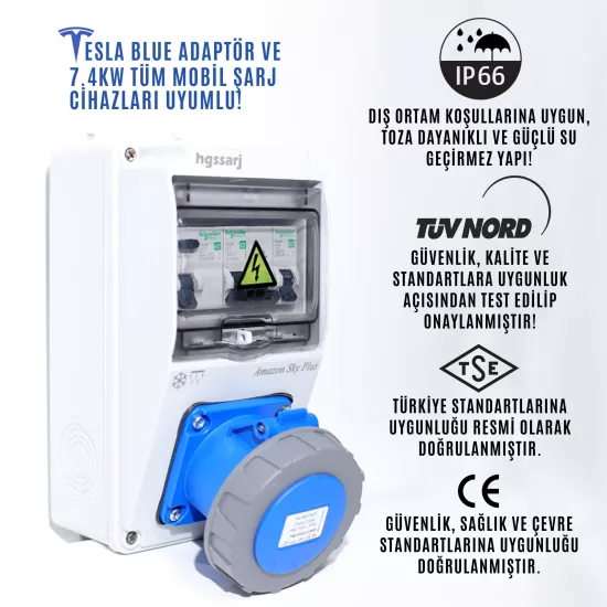 Amazon SKY PLUS, IP66-IP67-IP68, Monofaze Elektrikli Araç Kombinasyon Kutusu, Tesla Blue Adaptöre Uyumlu, + Kaçak Akım Röle, 3x32A + 1x16A - Schneider Marka Sigorta Grubu - 5 Yıl Garanti